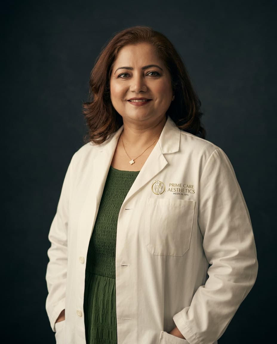 Dr. Iffat Sadique, Medical Director at Prime Care Aesthetics, in a white coat