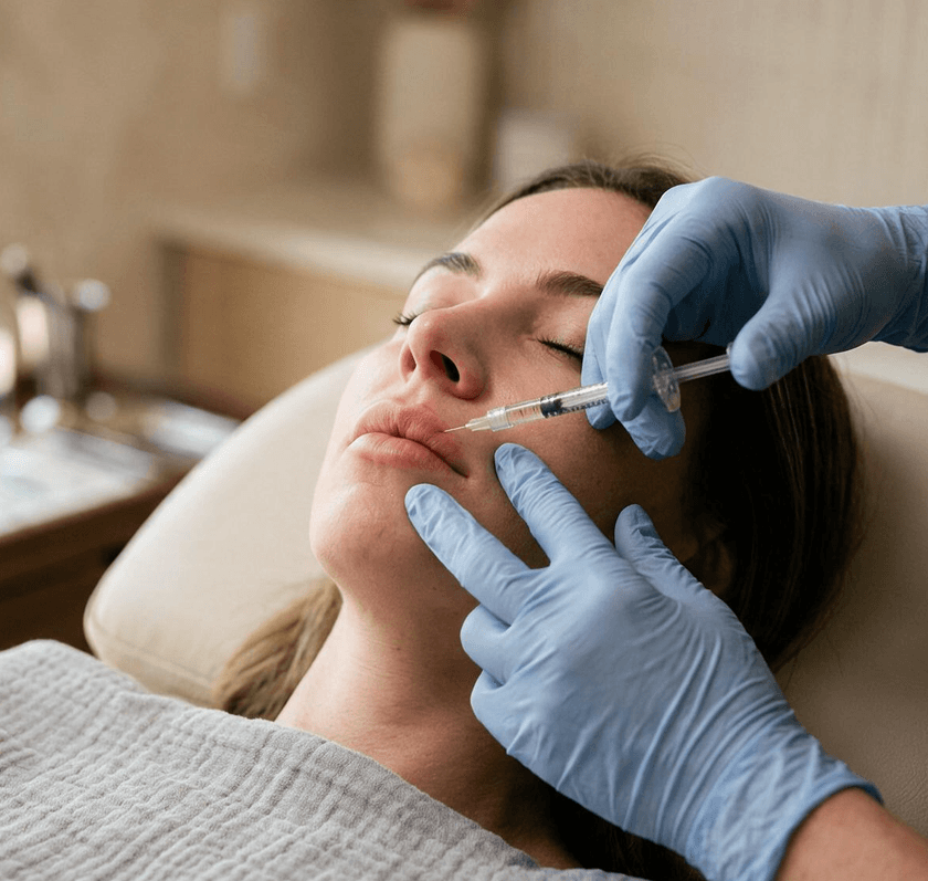 A clinician injecting dermal filler into a patient's lips in a bright treatment room