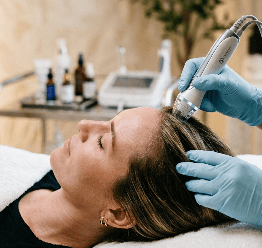 A gloved clinician guiding a microneedling handpiece along a patient's scalp