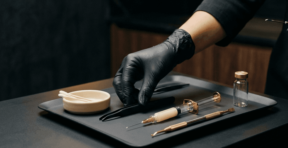 A practitioner in black gloves arranging a syringe, vial, and gold instruments on a dark tray
