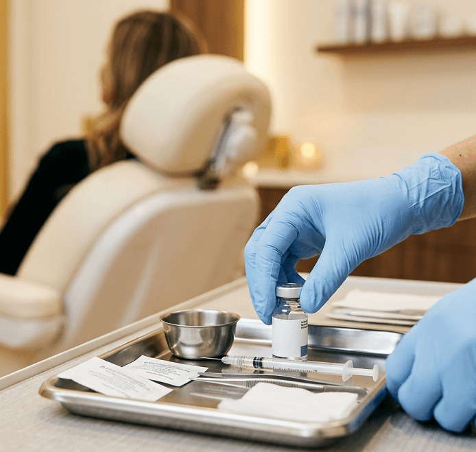 A clinician in blue gloves preparing a vial and syringe on a tray beside a reclining patient