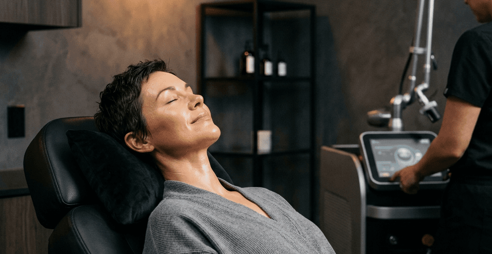 A patient reclining in a treatment chair beside a laser device in a darkened clinic room