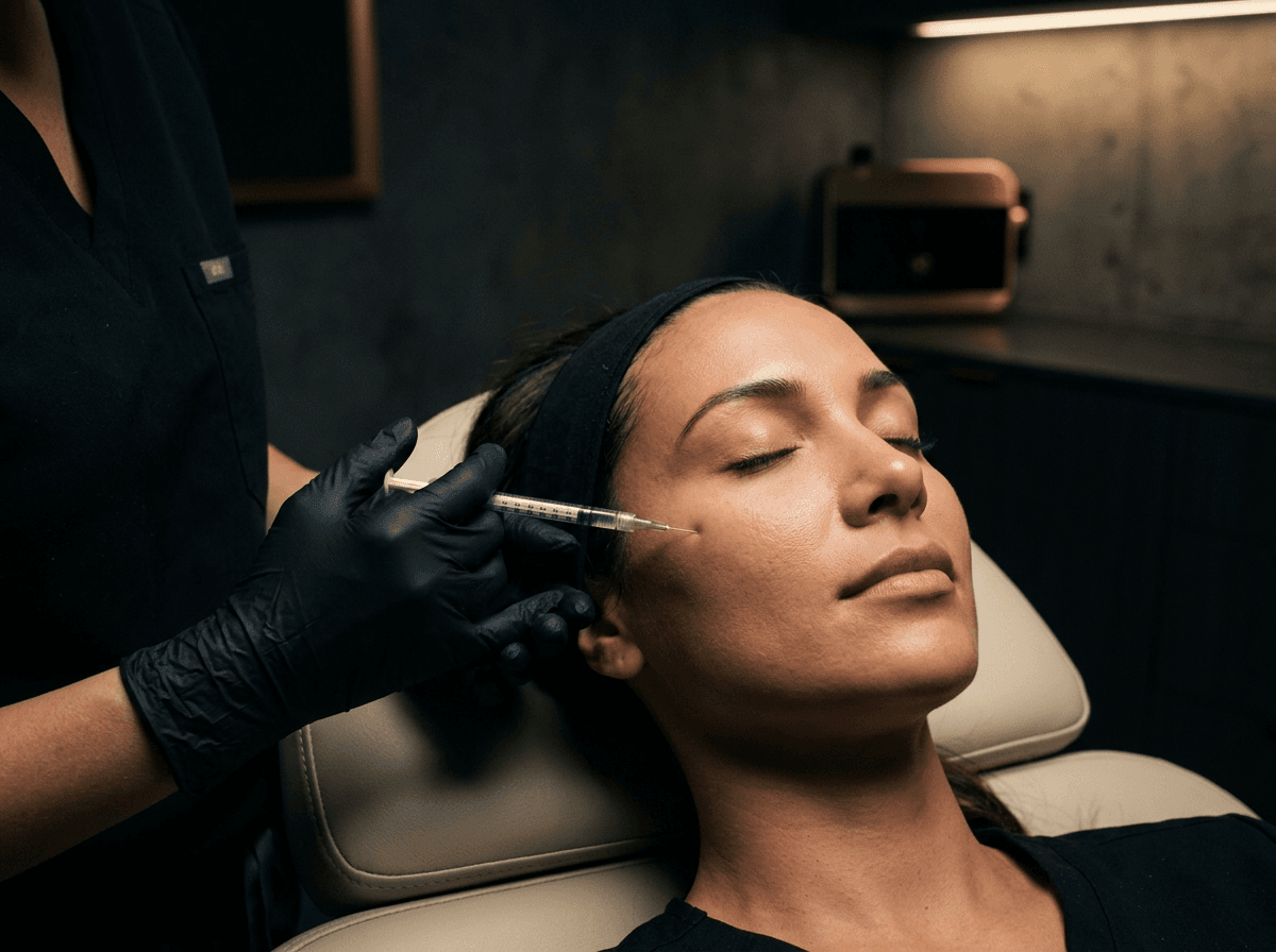 A clinician administering an injectable treatment along a patient's cheekbone