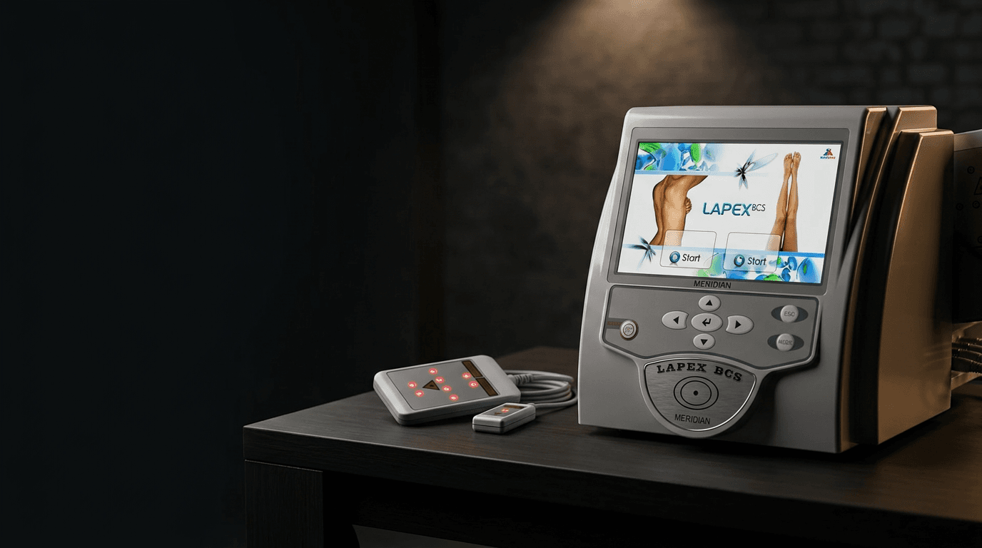The Lapex BCS Pro console and its laser paddles on a dark treatment-room table