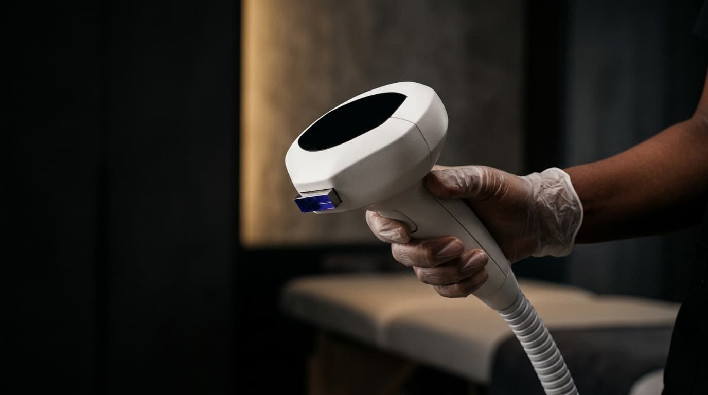 A gloved hand holding the Lumecca IPL applicator in a darkened treatment room