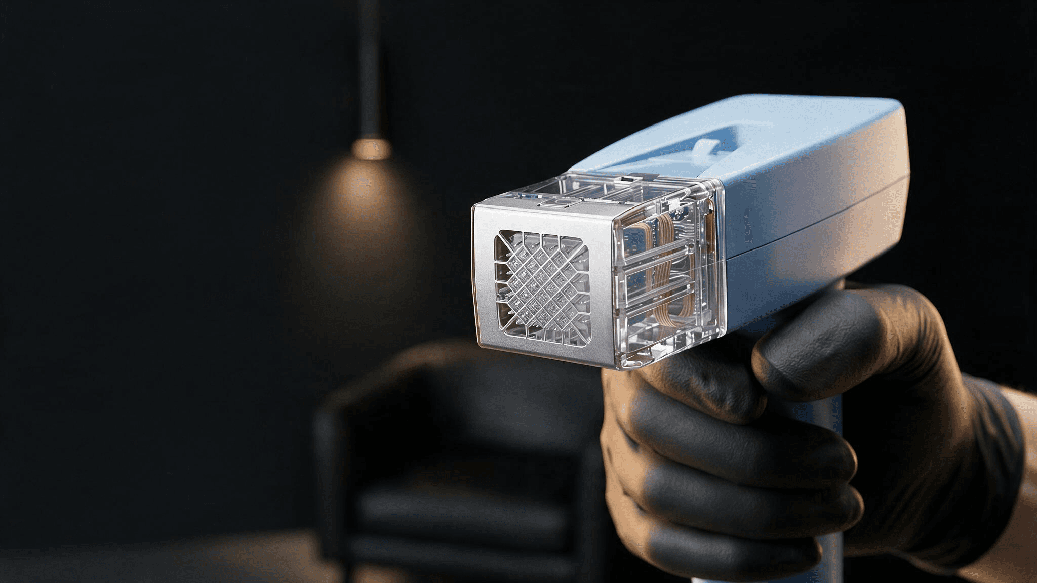 A gloved hand holding the Morpheus8 Body handpiece with its microneedling tip facing the camera