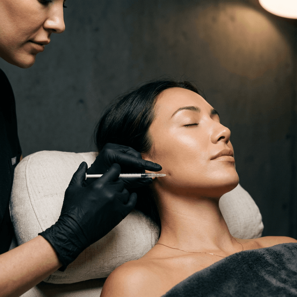 A clinician administering an injectable treatment along a patient's cheekbone