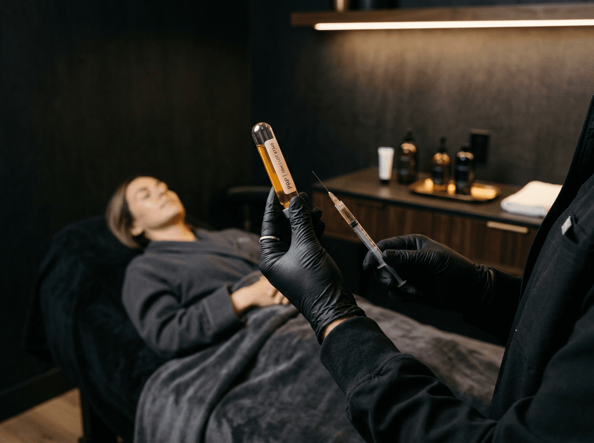 A clinician holding a vial of platelet-rich plasma beside a reclining patient