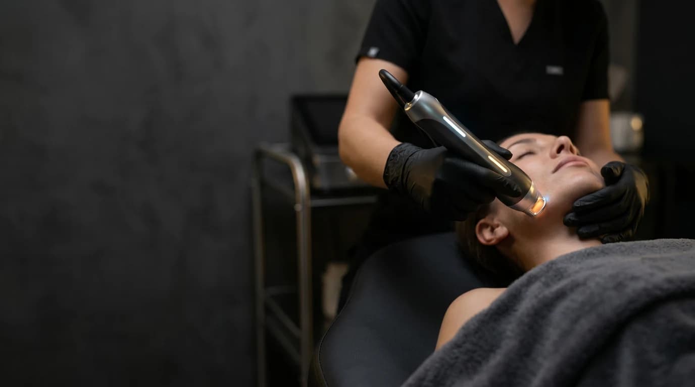 Clinician guiding a laser handpiece along a patient's jawline during a treatment