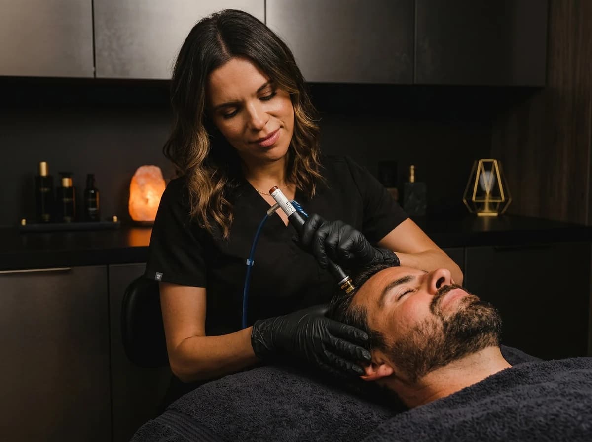 Clinician performing a hair loss treatment on a patient's scalp