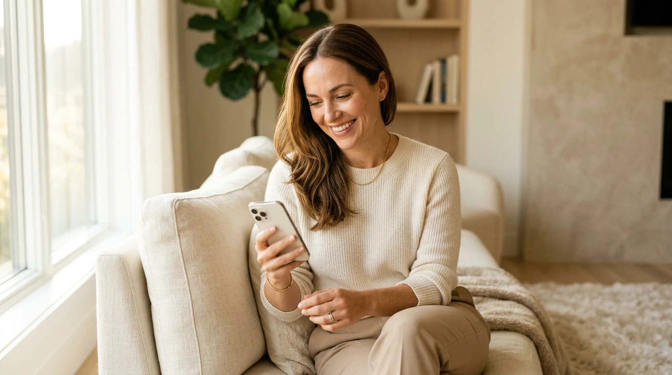 Woman smiling at her phone while booking a consultation at home