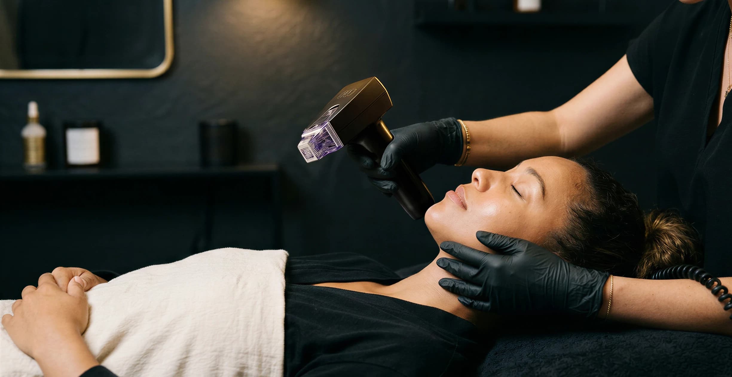 A patient receiving a facial contouring treatment with a handheld device