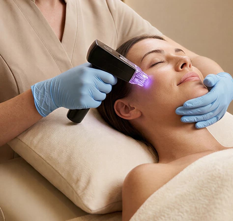 A clinician performing a facial treatment on a reclined patient