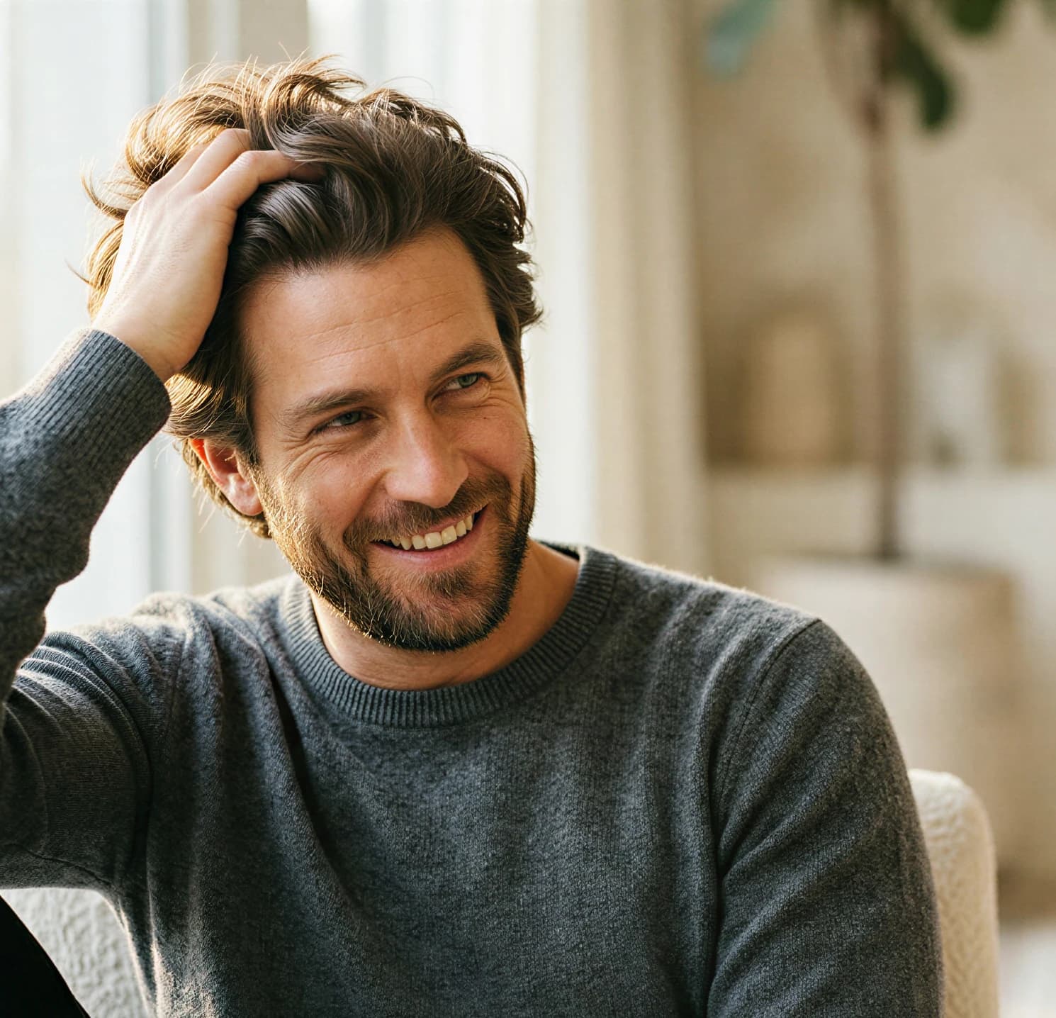 A smiling man running his hand through his thick hair
