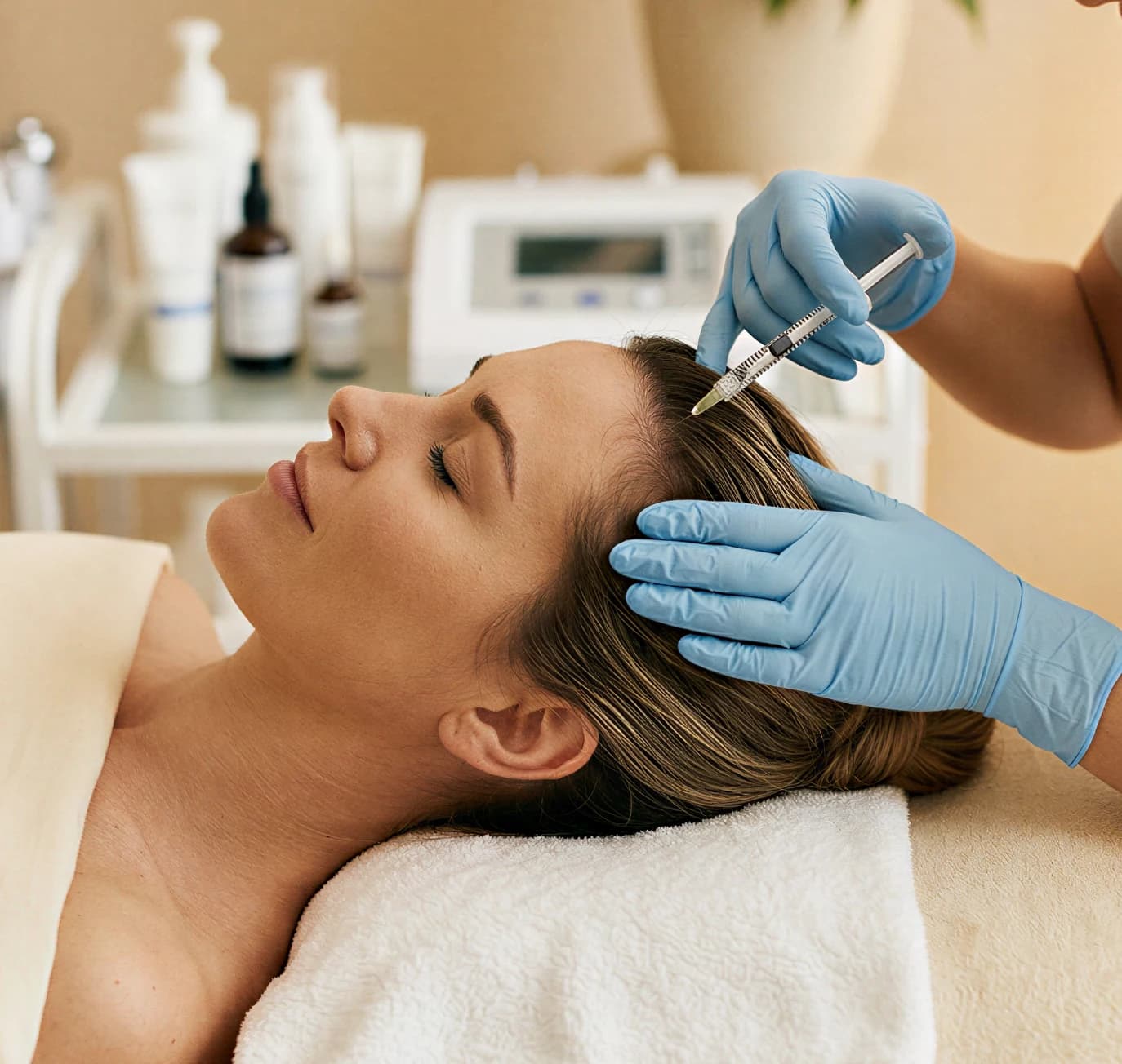 A gloved clinician guiding a microneedling handpiece along a patient's scalp