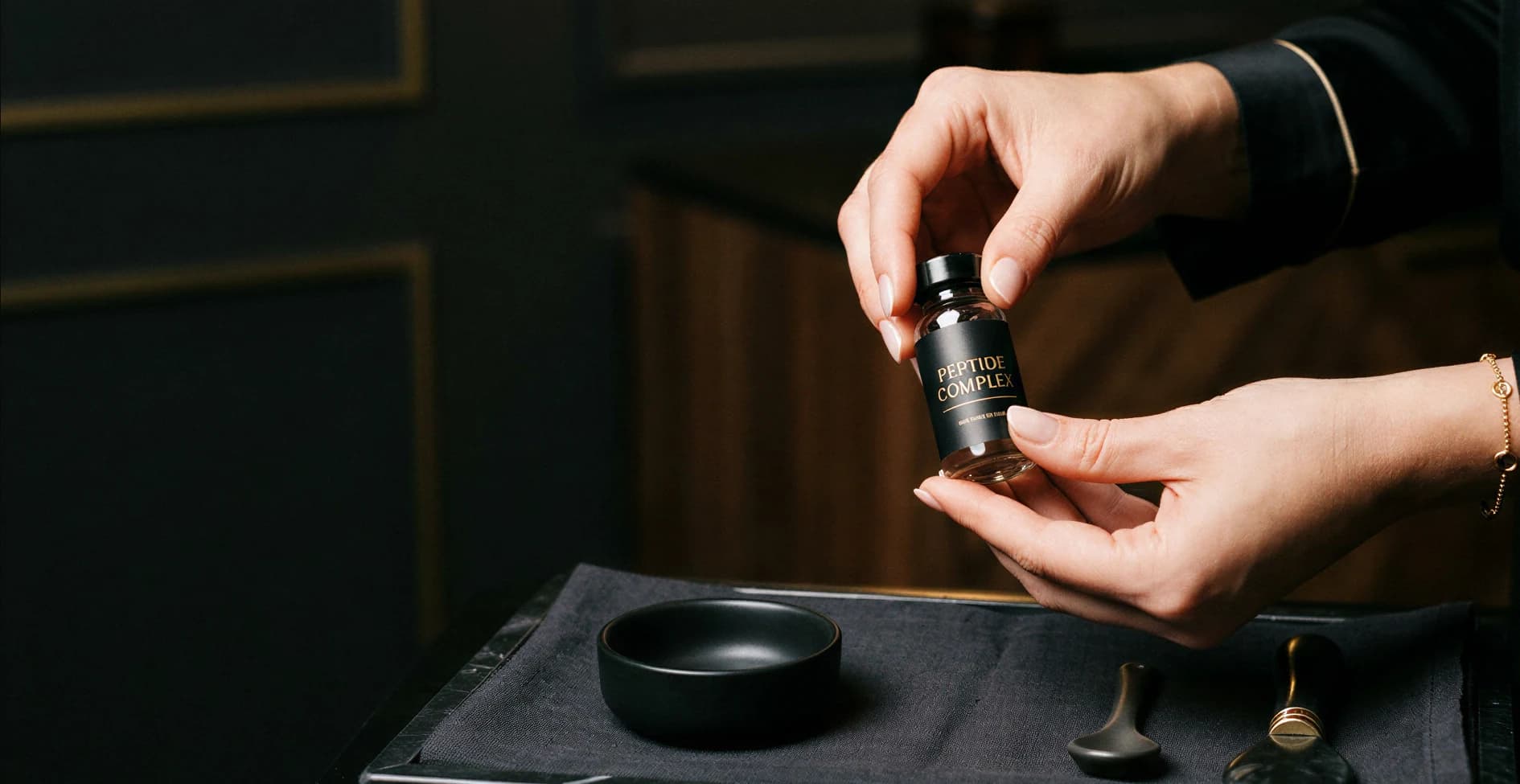 Hands presenting a small vial labeled Peptide Complex in a dark treatment room