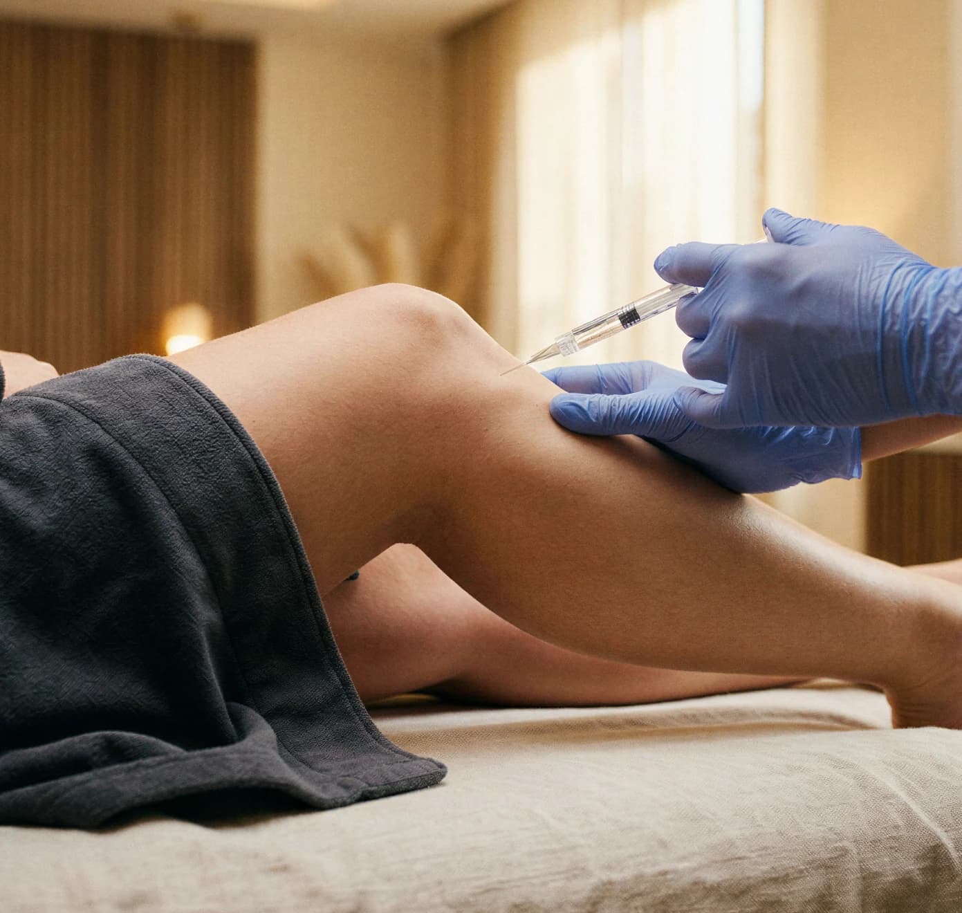 A clinician in gloves administering an injection to a patient's leg in a spa suite