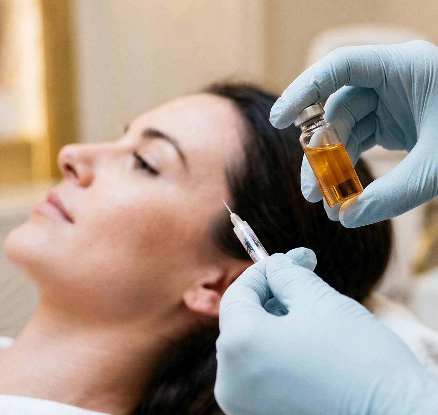 A clinician in blue gloves preparing a PRP injection near a reclined patient's hairline