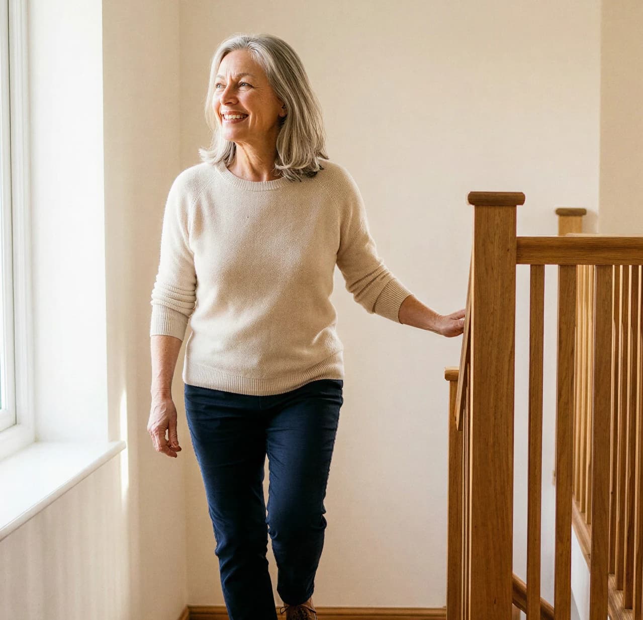 A smiling woman with gray hair walking up a wooden staircase in a bright home