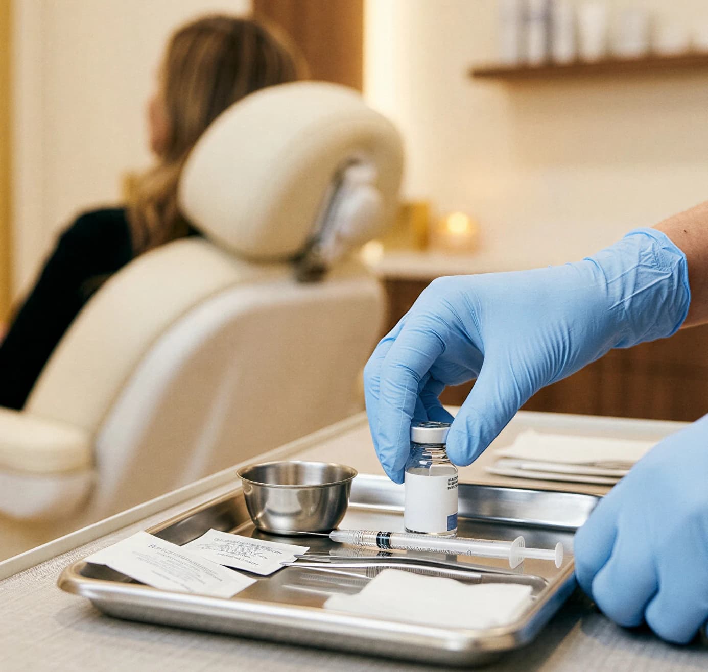 A clinician in blue gloves preparing a vial and syringe on a tray beside a reclining patient