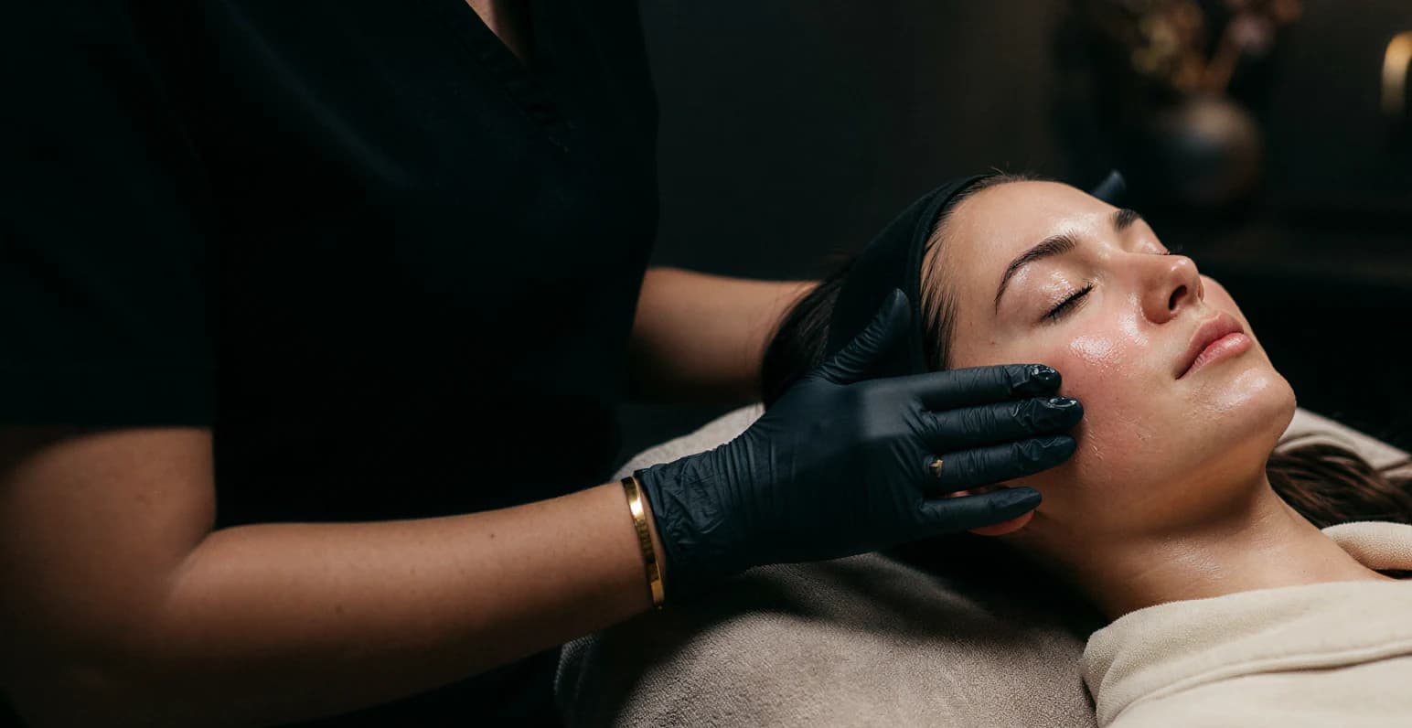 A patient receiving a facial treatment from a gloved clinician in a dark spa room