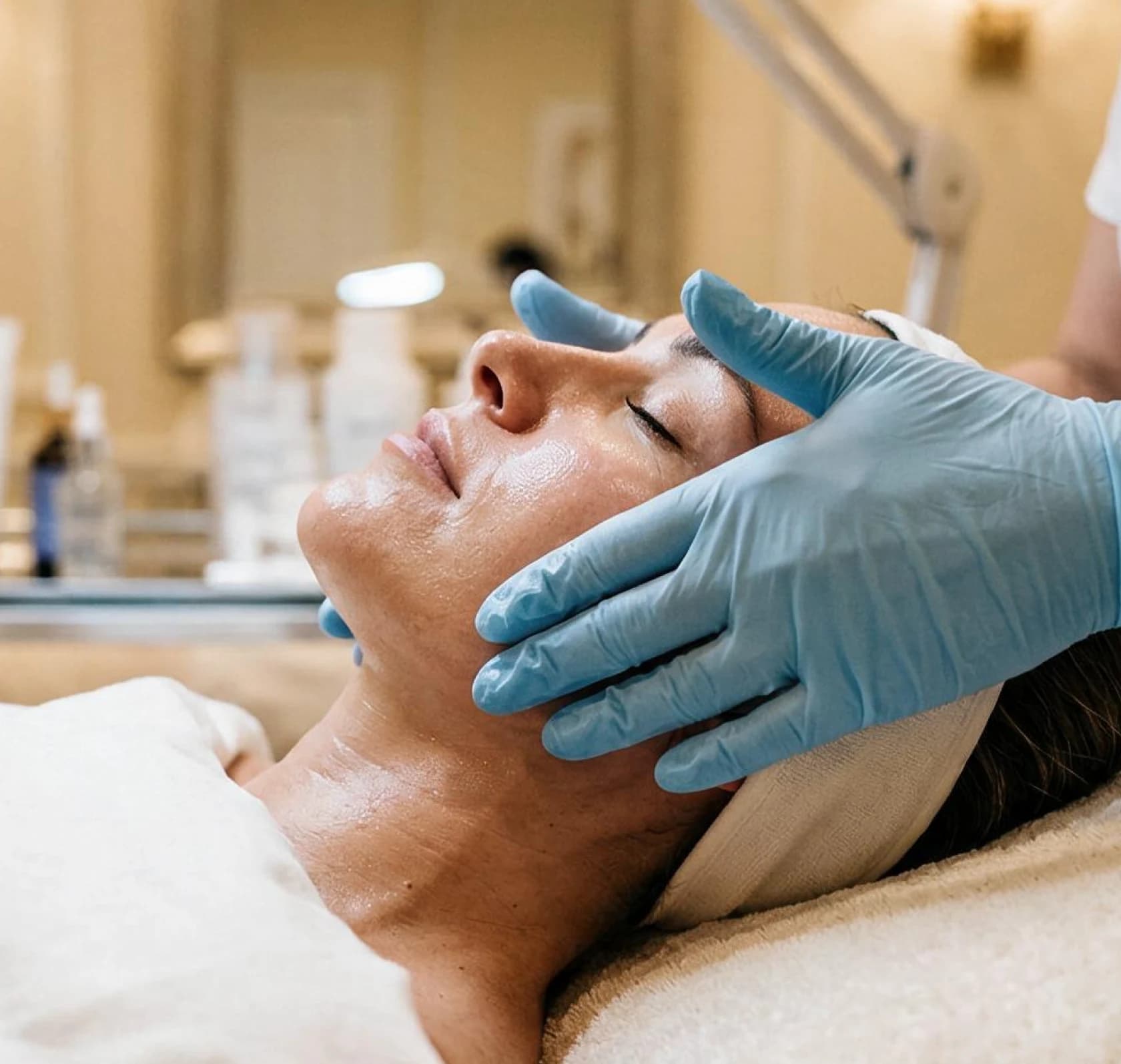 A clinician in blue gloves performing a facial treatment on a reclined patient