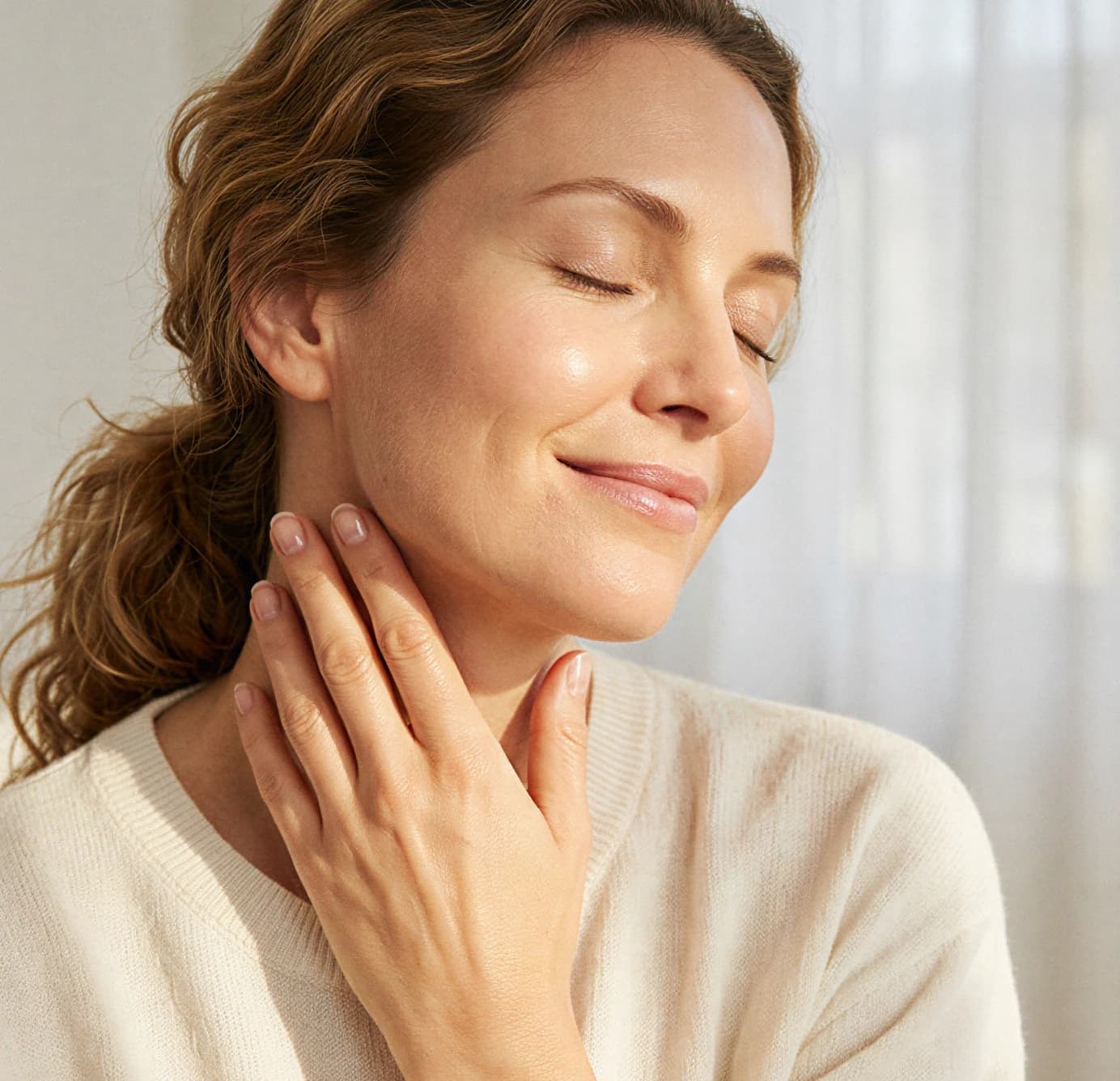 A woman with closed eyes touching her neck, skin glowing after treatment