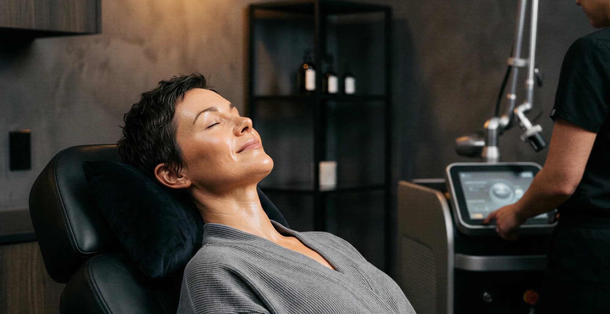 A patient reclining in a treatment chair beside a laser device in a darkened clinic room
