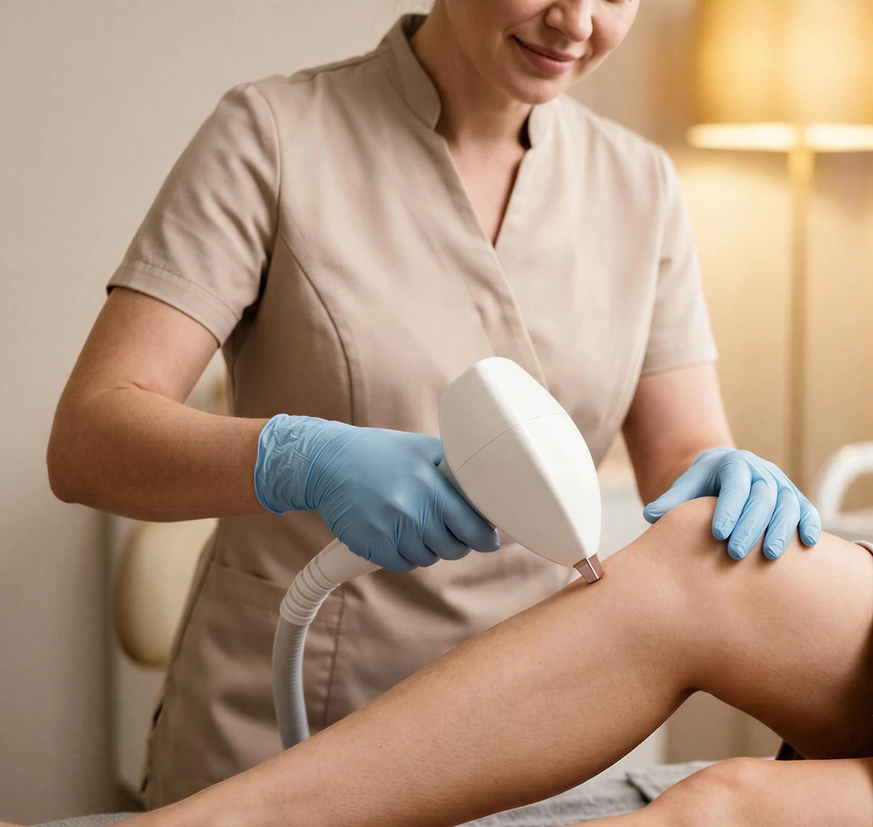 A clinician applying a vascular laser handpiece to a patient's knee in a bright treatment room