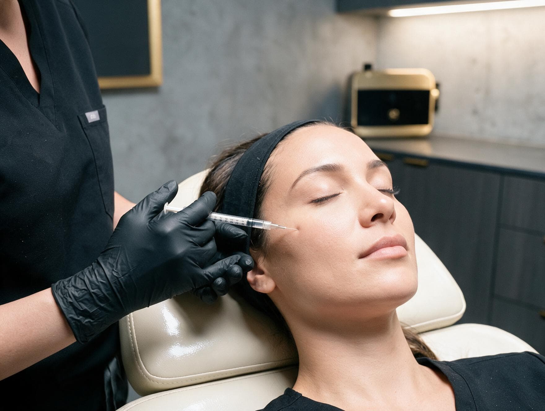 Injector placing a precise dermal filler injection along a patient's cheek