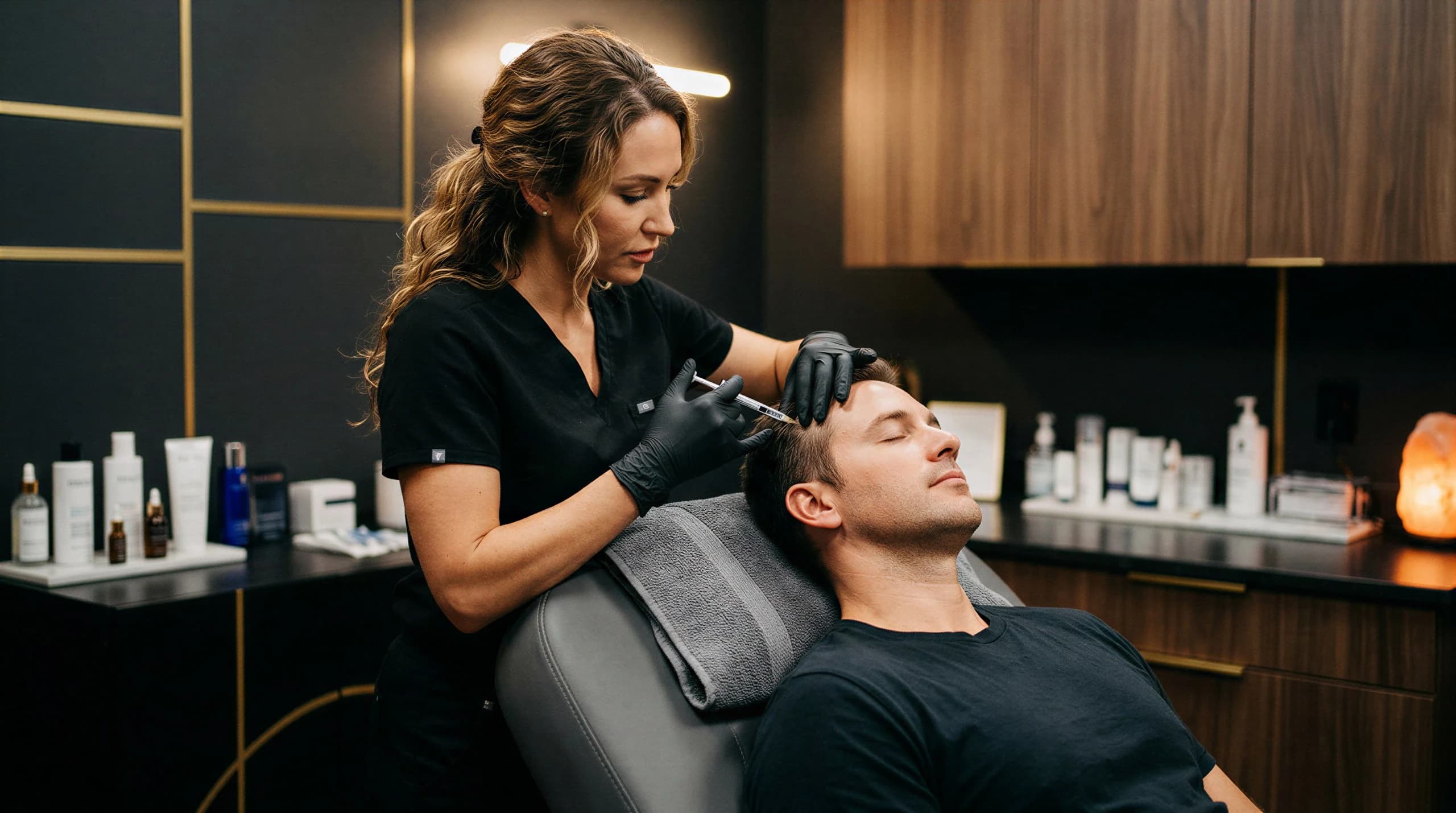 Clinician treating the hairline of a reclining male patient in a treatment room