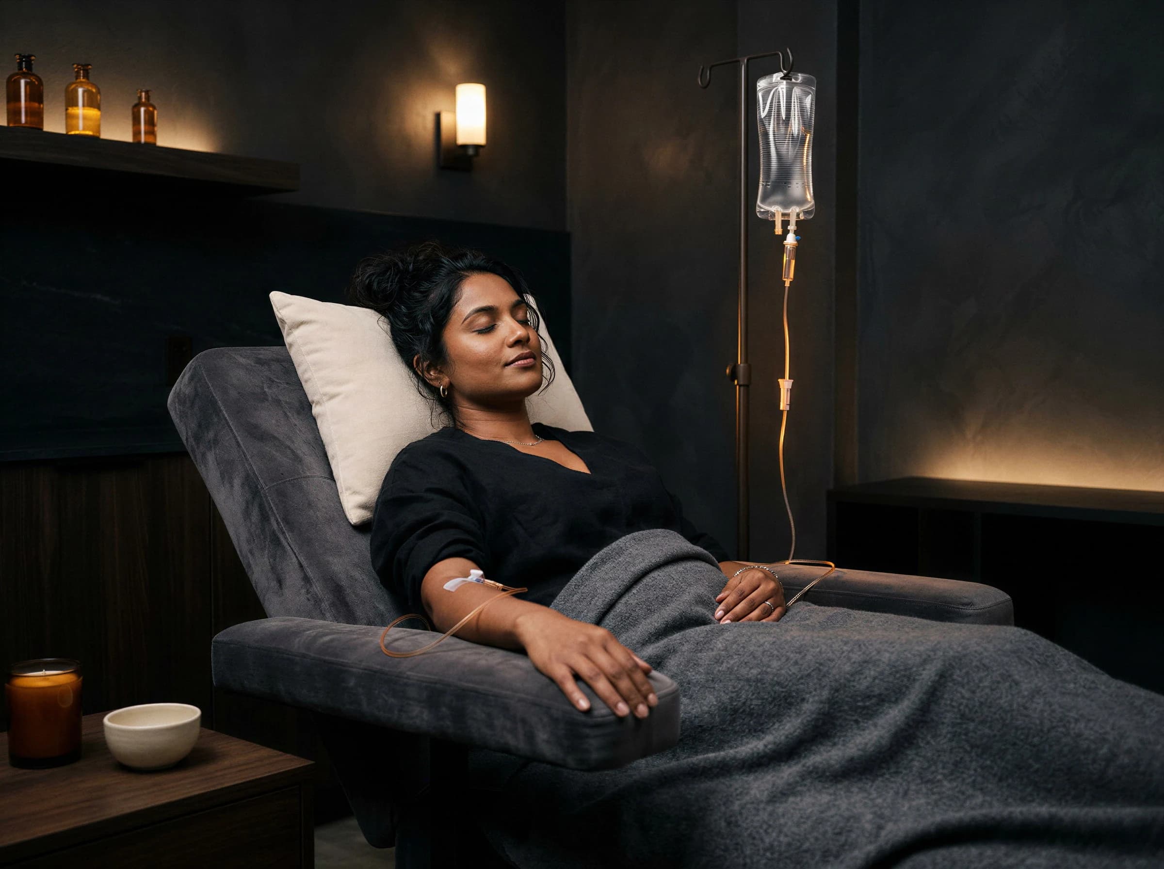 Patient reclining with an IV drip line during an infusion therapy session