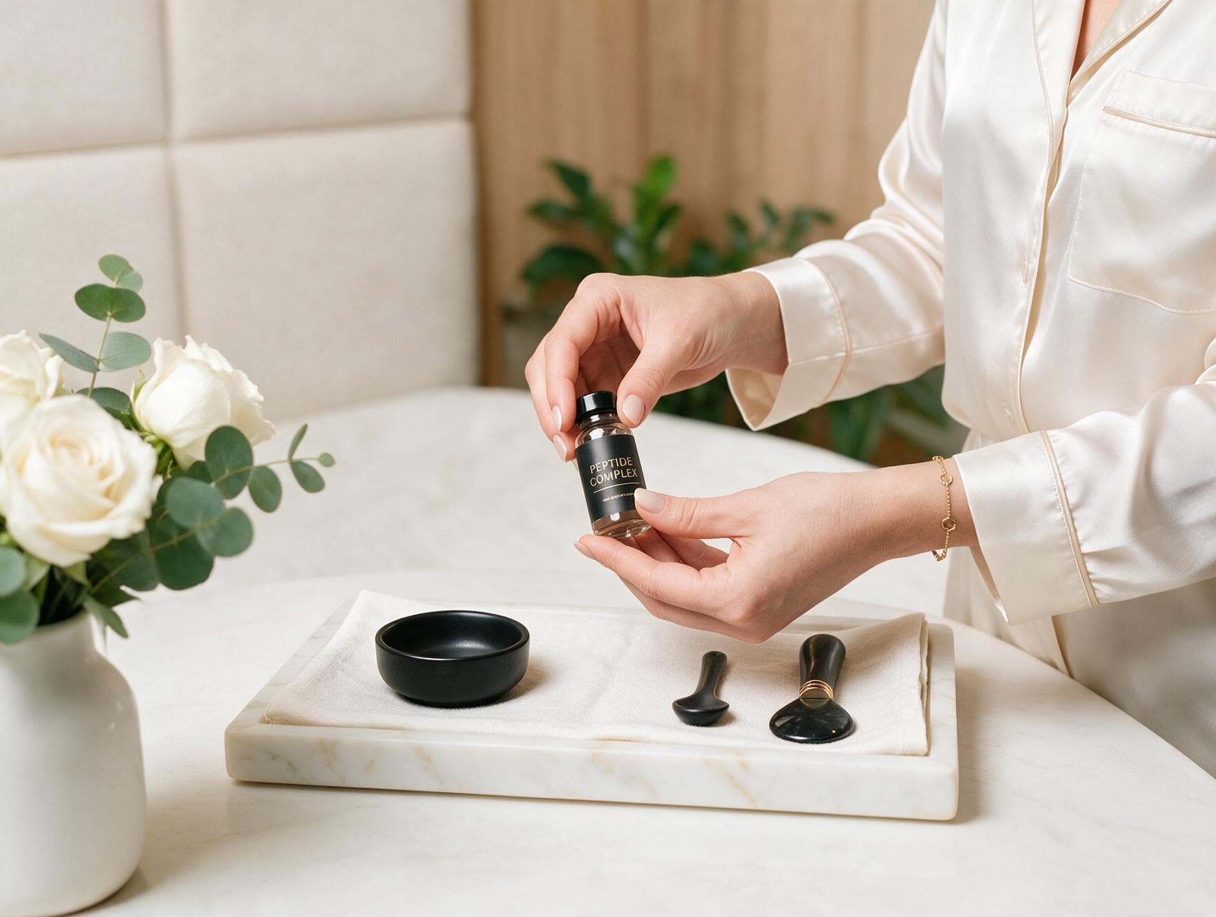 Hands holding a peptide complex bottle on a marble treatment tray