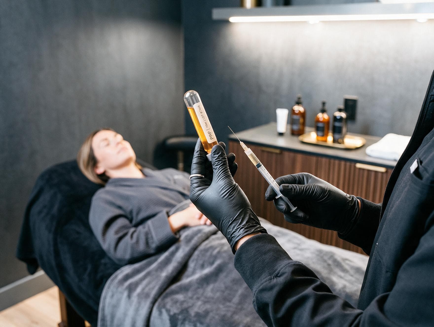 Gloved hands holding a vial of platelet-rich plasma and a prepared syringe