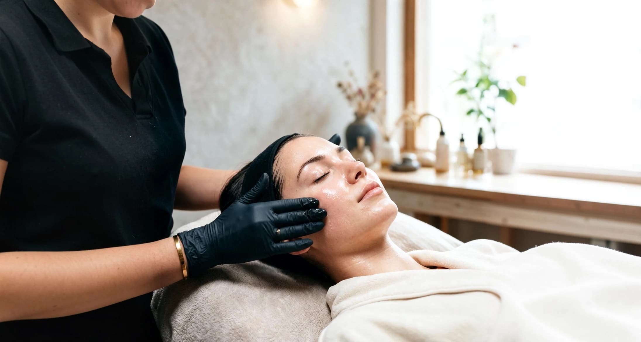 Aesthetician applying a rejuvenating facial treatment to a relaxed patient