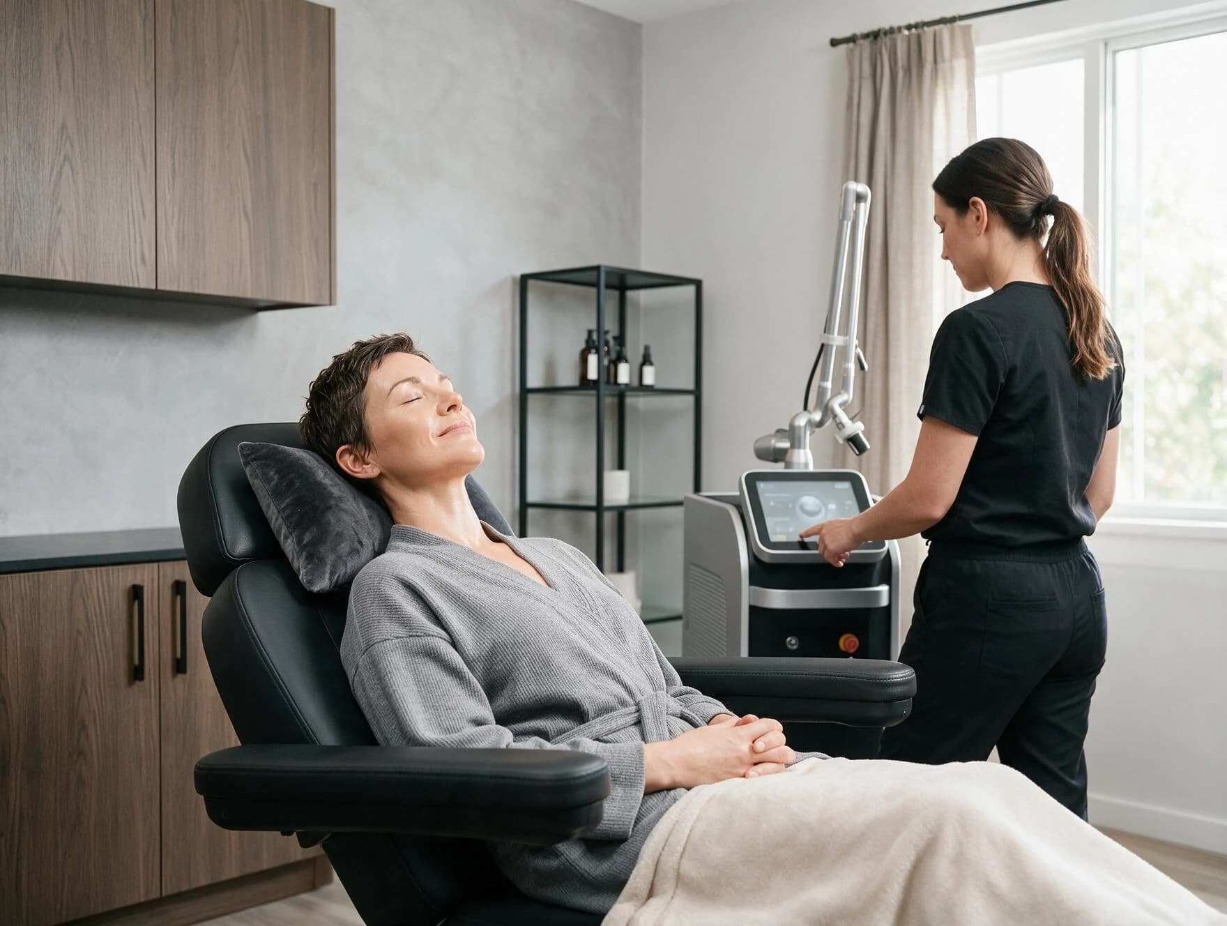 Patient reclining in a treatment chair while a provider sets up a device