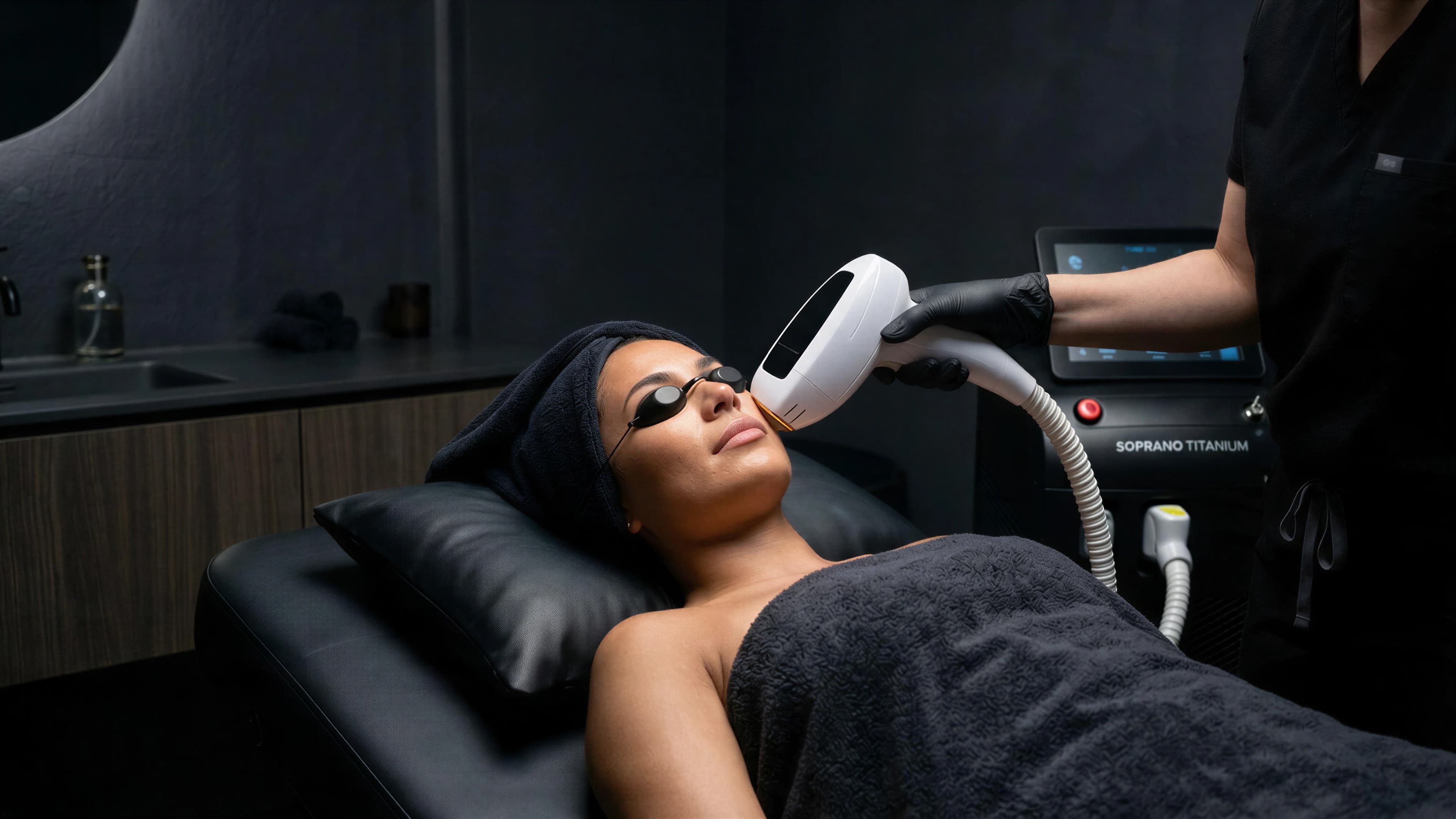 A patient in protective eyewear receiving a laser treatment