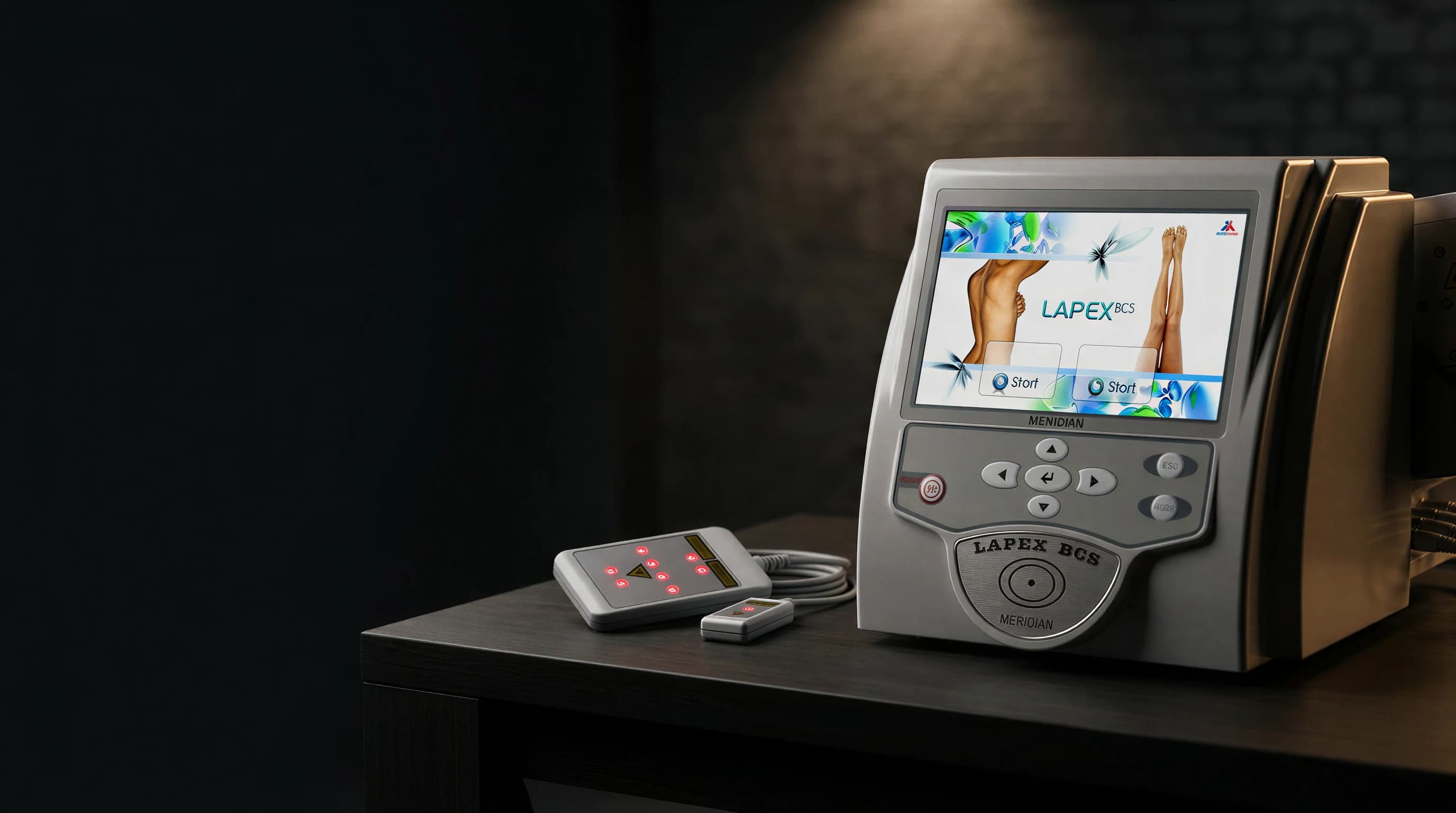 The Lapex BCS Pro console and its laser paddles on a dark treatment-room table