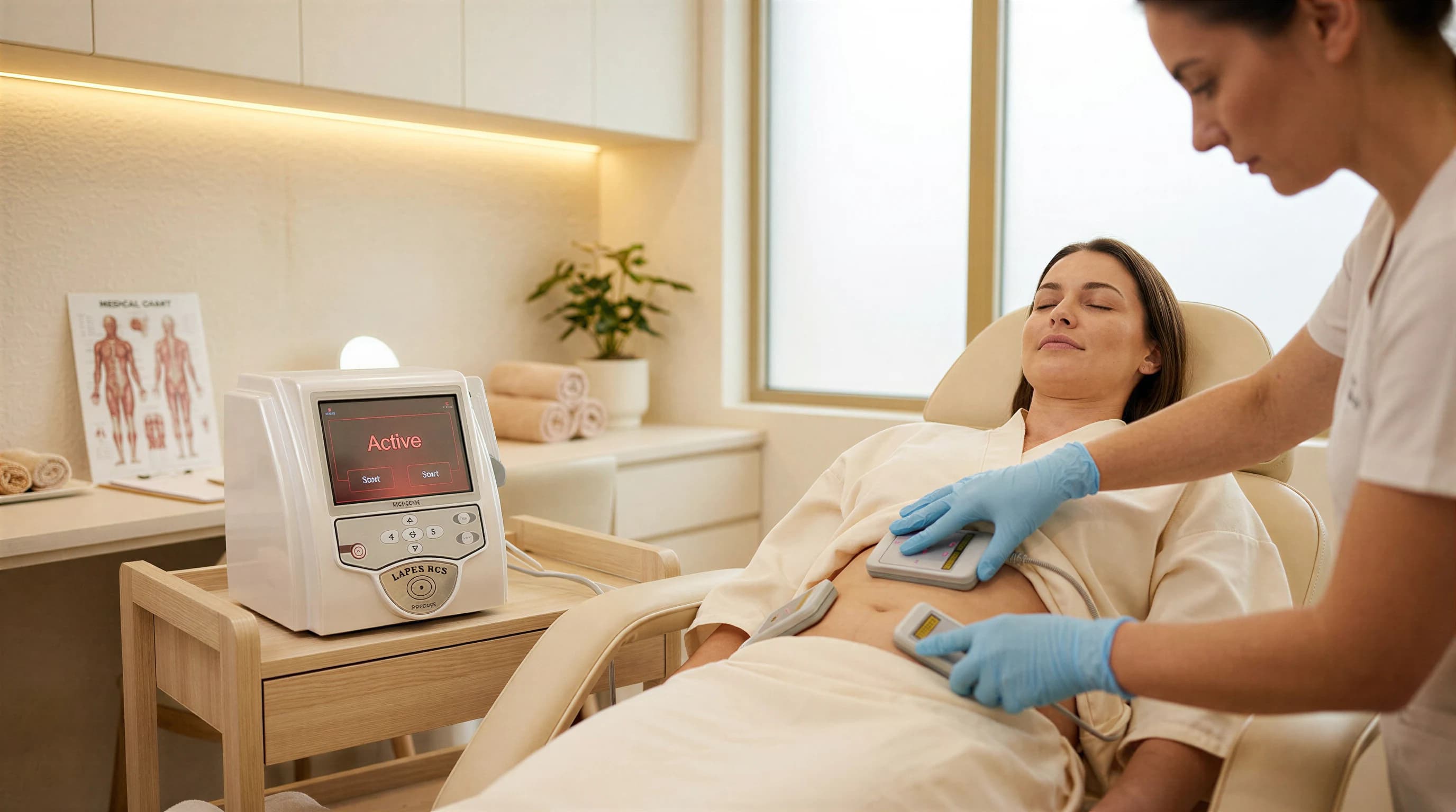 A clinician positioning Lapex BCS Pro laser paddles over a patient's abdomen