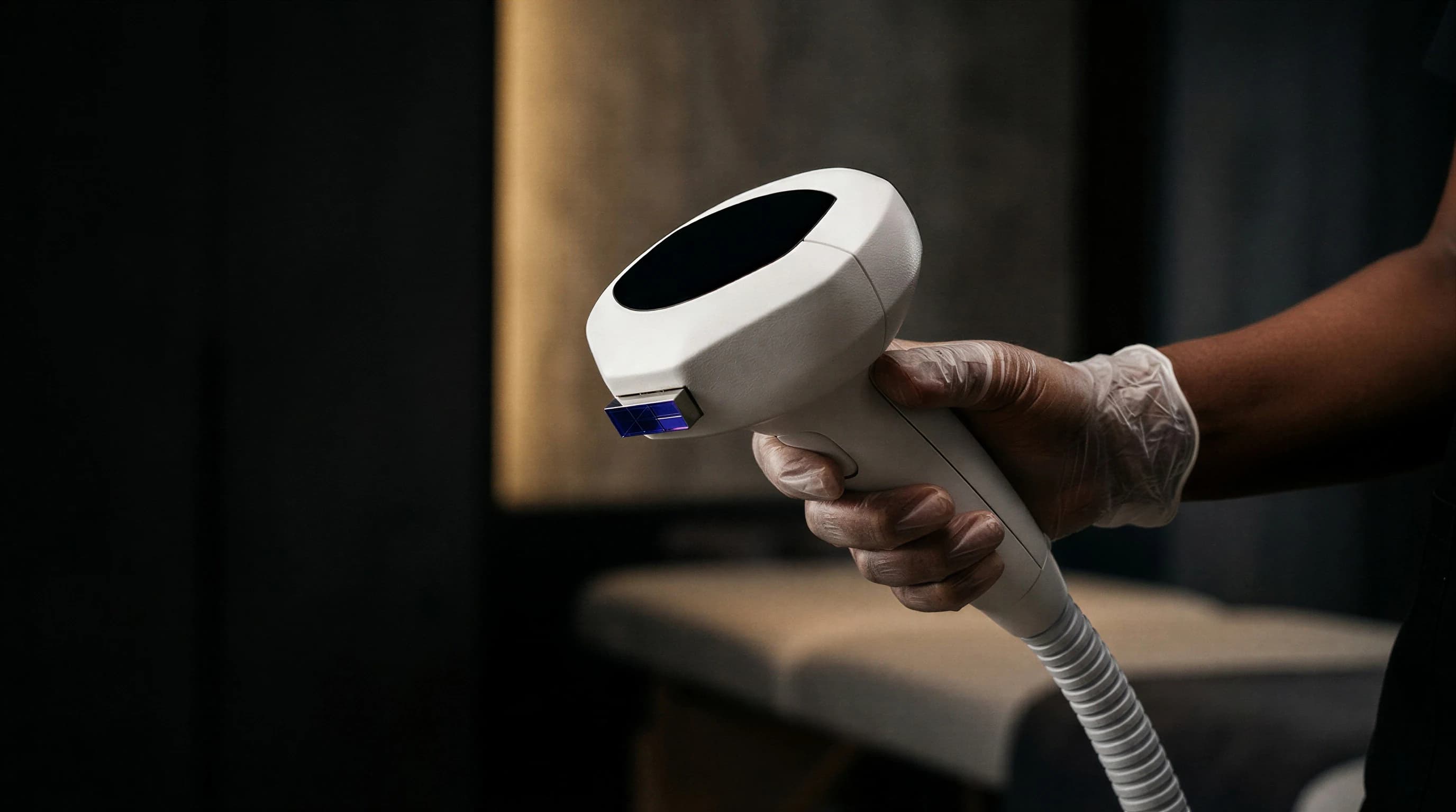 A gloved hand holding the Lumecca IPL applicator in a darkened treatment room