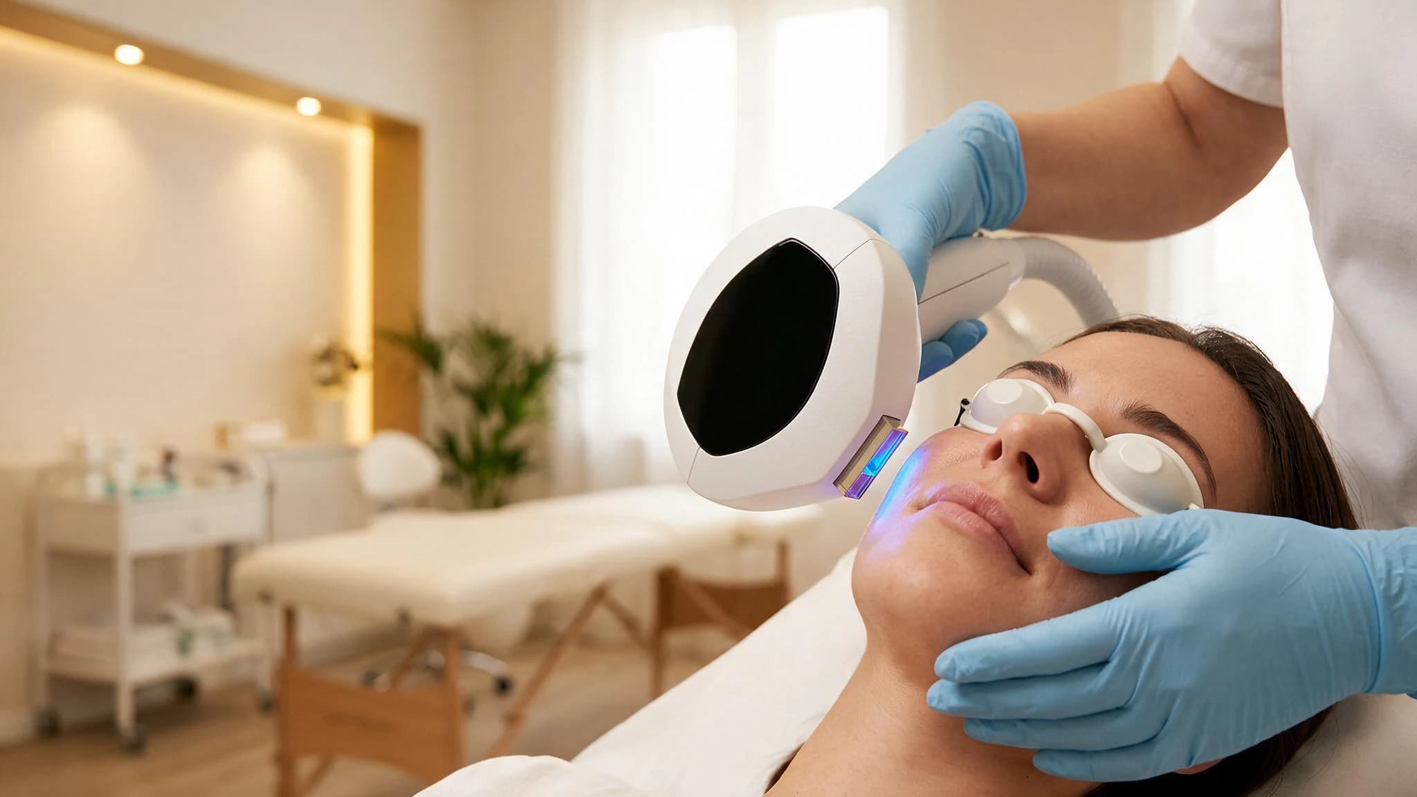 A clinician passing the Lumecca applicator over the cheek of a patient wearing eye shields