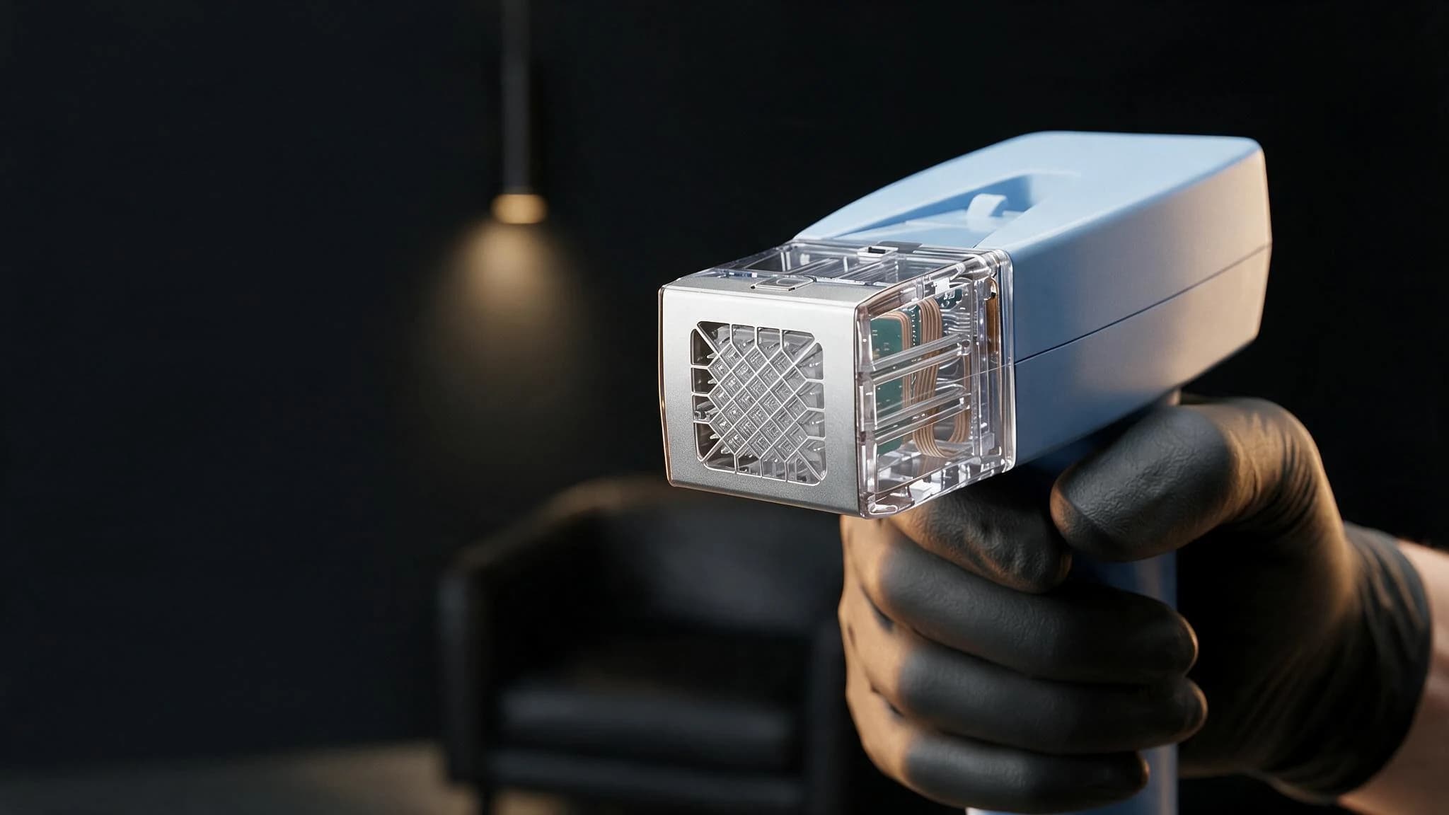 A gloved hand holding the Morpheus8 Body handpiece with its microneedling tip facing the camera