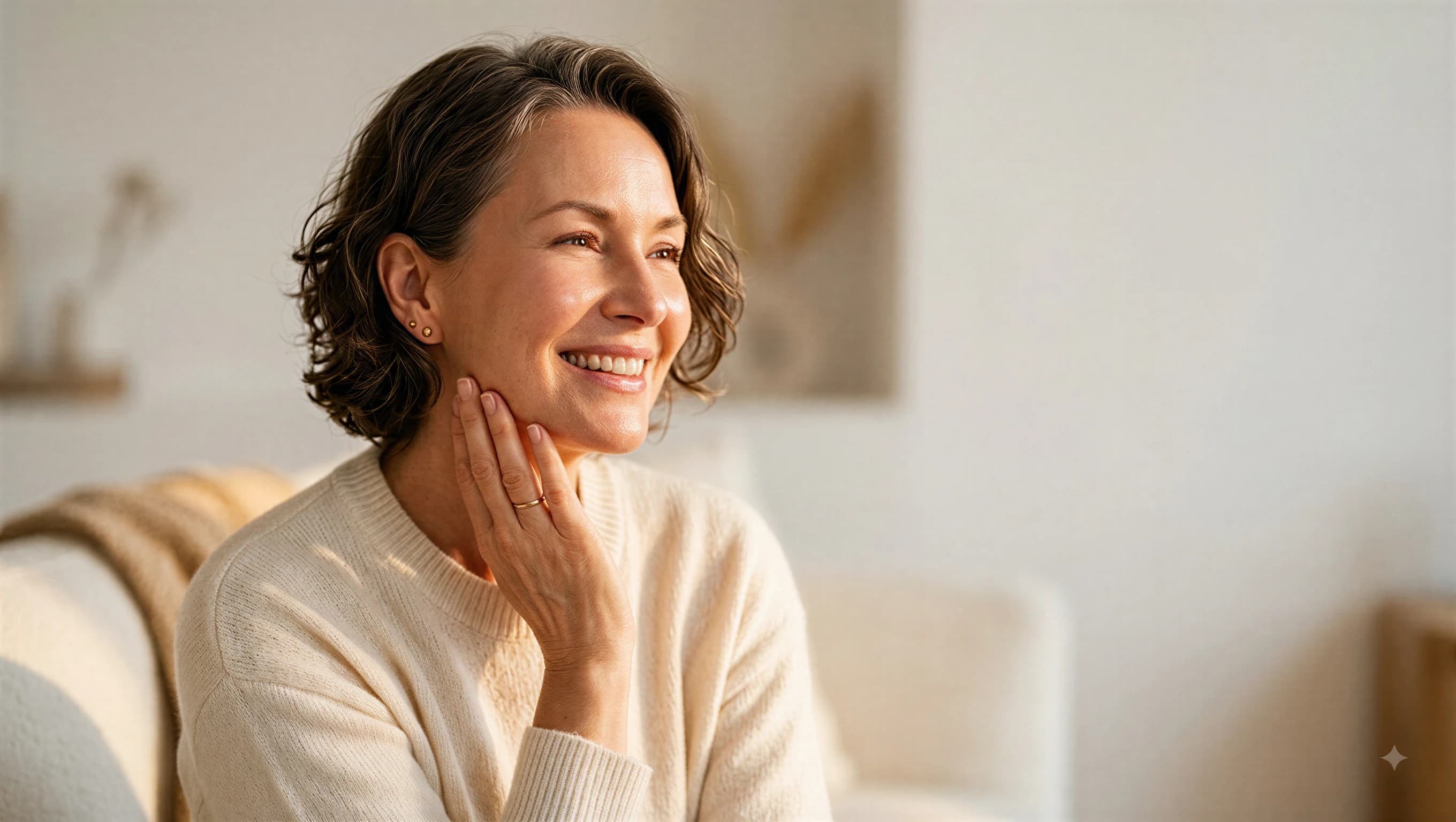 A smiling patient resting a hand against her jaw in soft natural light
