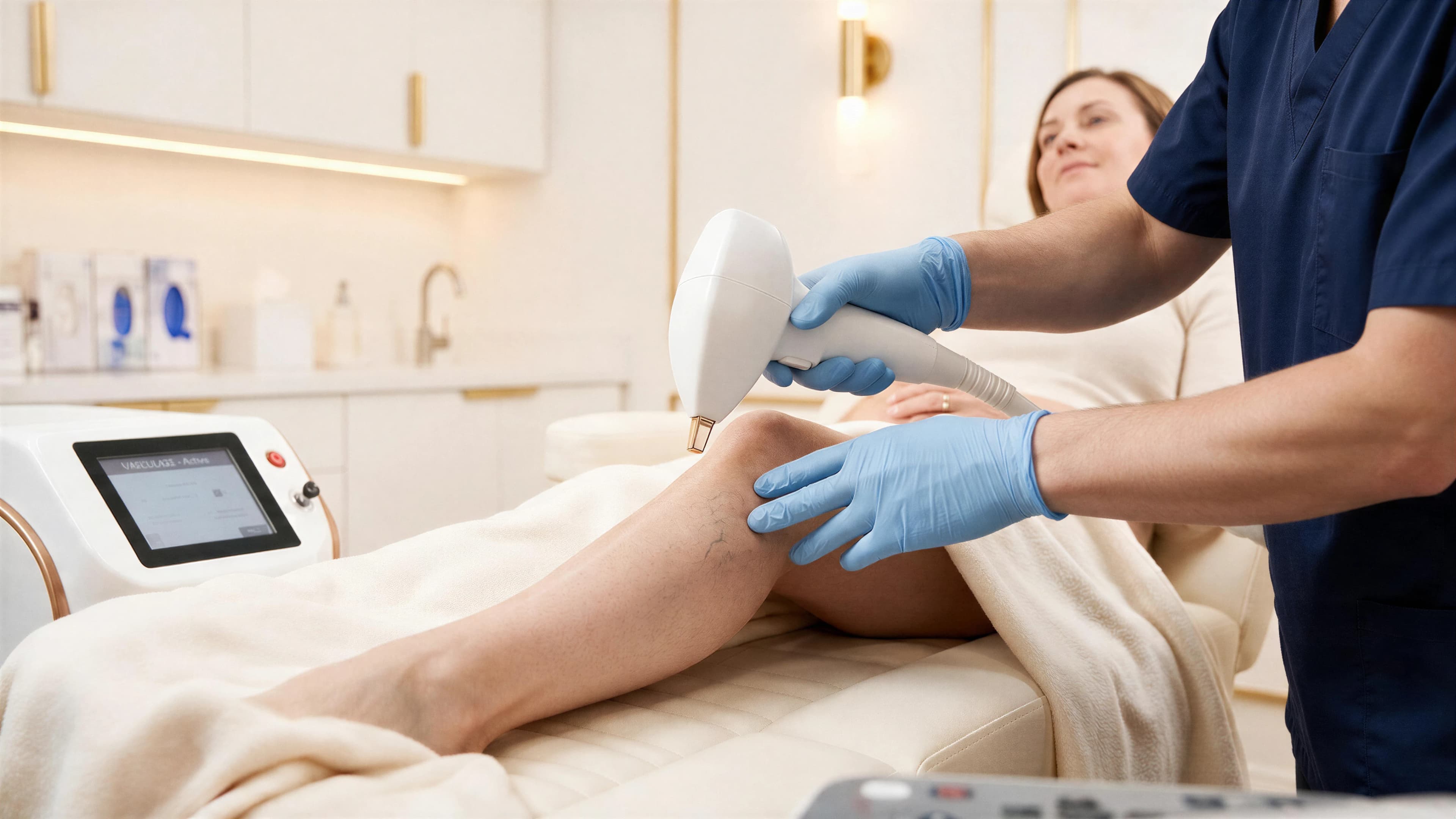 A clinician passing the Vasculaze handpiece over spider veins on a patient's leg