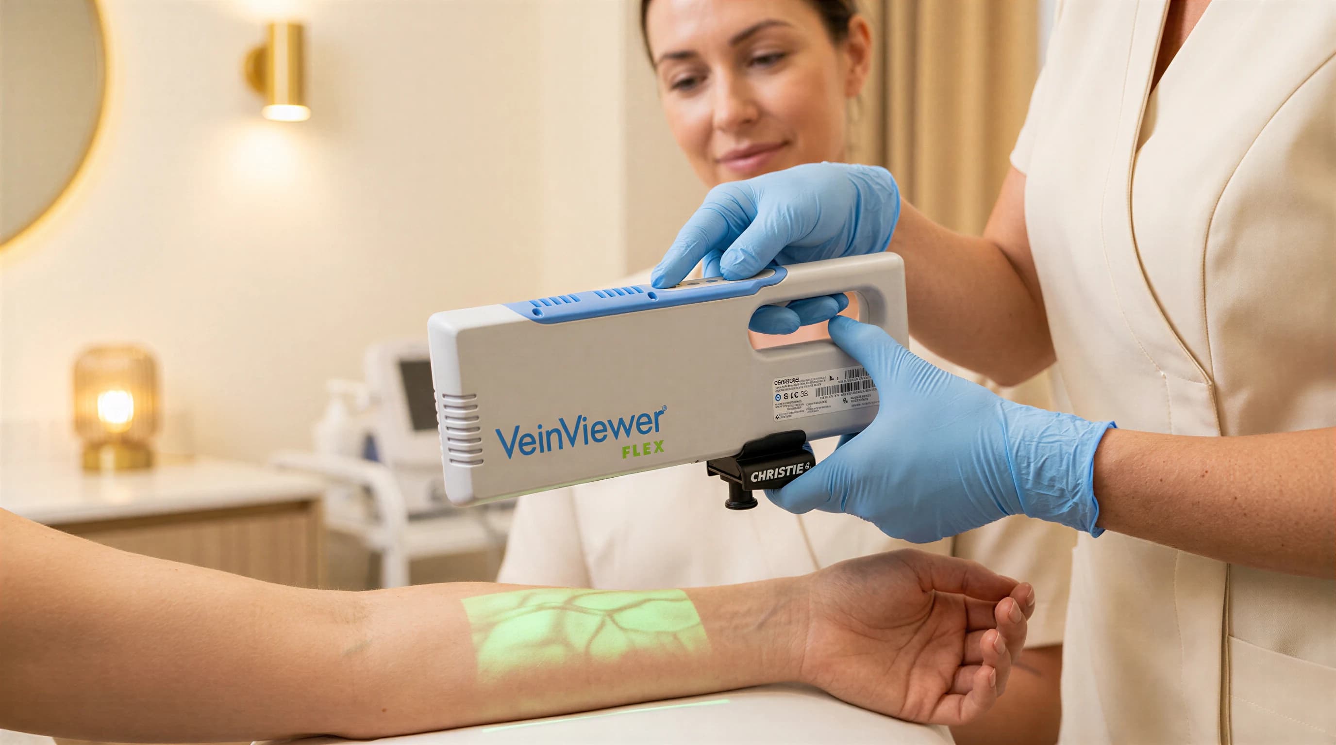 A clinician passing the VeinViewer Flex over a patient's forearm, the vein map projected on the skin